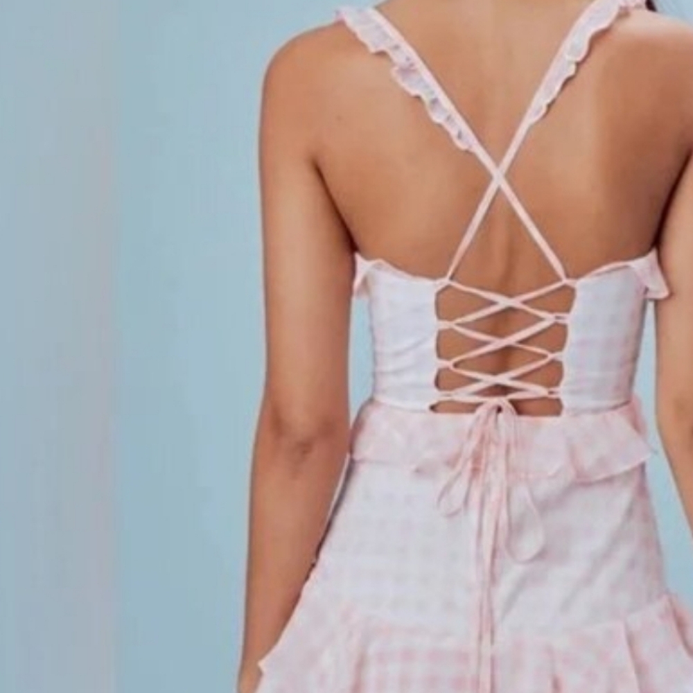 For Love And Lemons Victorias Secret Pink + White Gingham Dixie Tie Back Dress - Picture 4 of 8